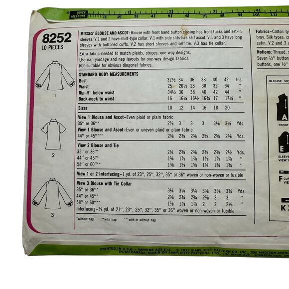 Vintage 1977 SIMPLICITY Blouse with Ascot Pattern Cut Size 12 Misses #8252 - Picture 3 of 4